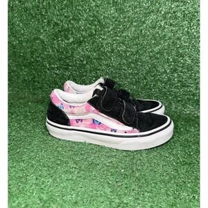 Vans Toddler Size 13C Old Skool Slip On Strap Up Black Pink Floral Walking Shoes